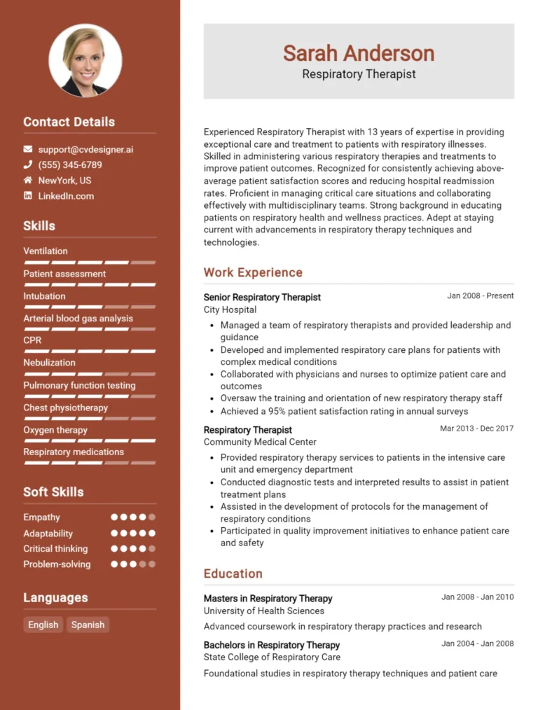Respiratory Therapist CV Example For 2025: Professional CV Templates