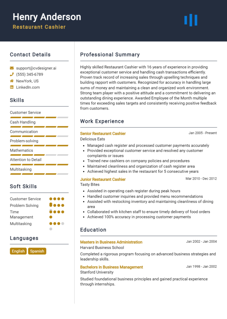 Restaurant Cashier Resume Example for 2025: Best Formatting Tips 1 Restaurant Cashier Resume Example for 2025: Best Formatting Tips