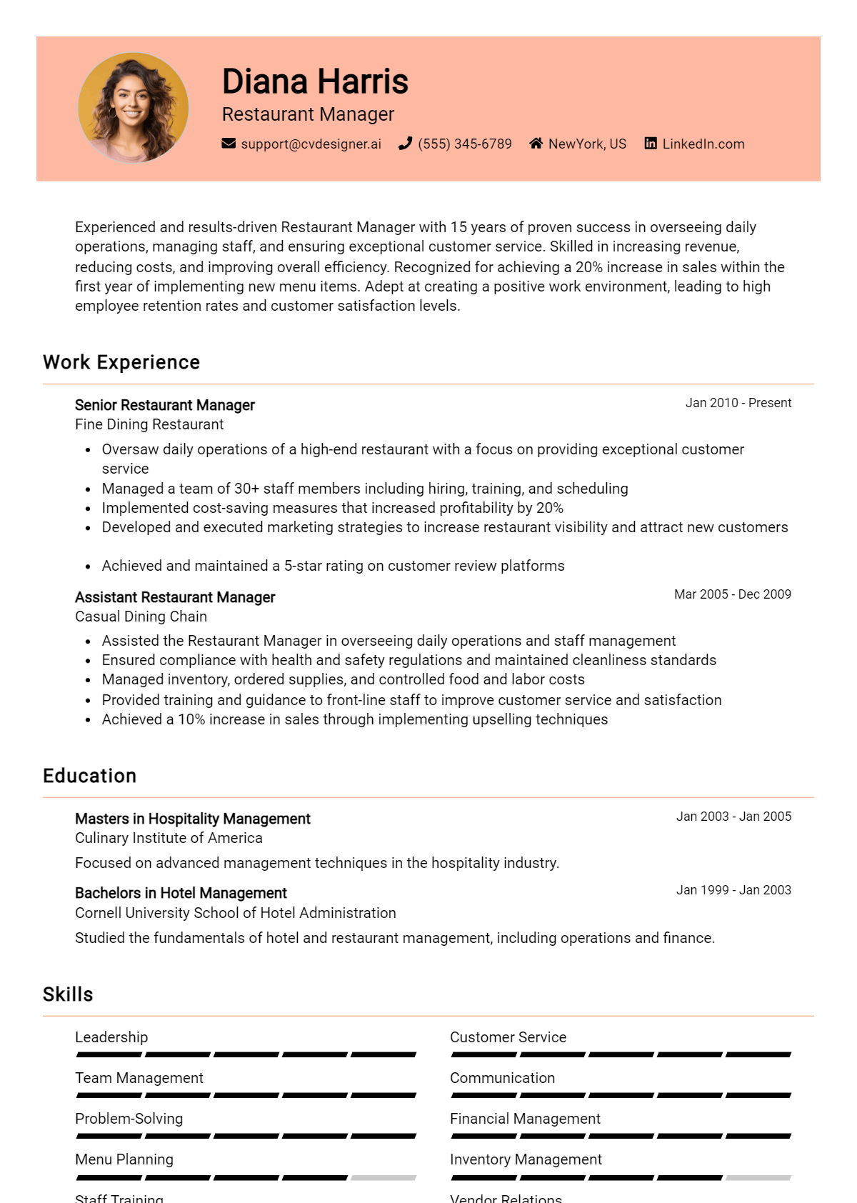 Restaurant Manager Resume Example
