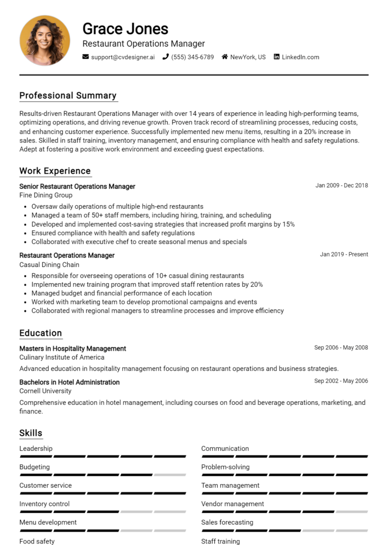 Restaurant Operations Manager Resume Example for 2025: Top CV Skills