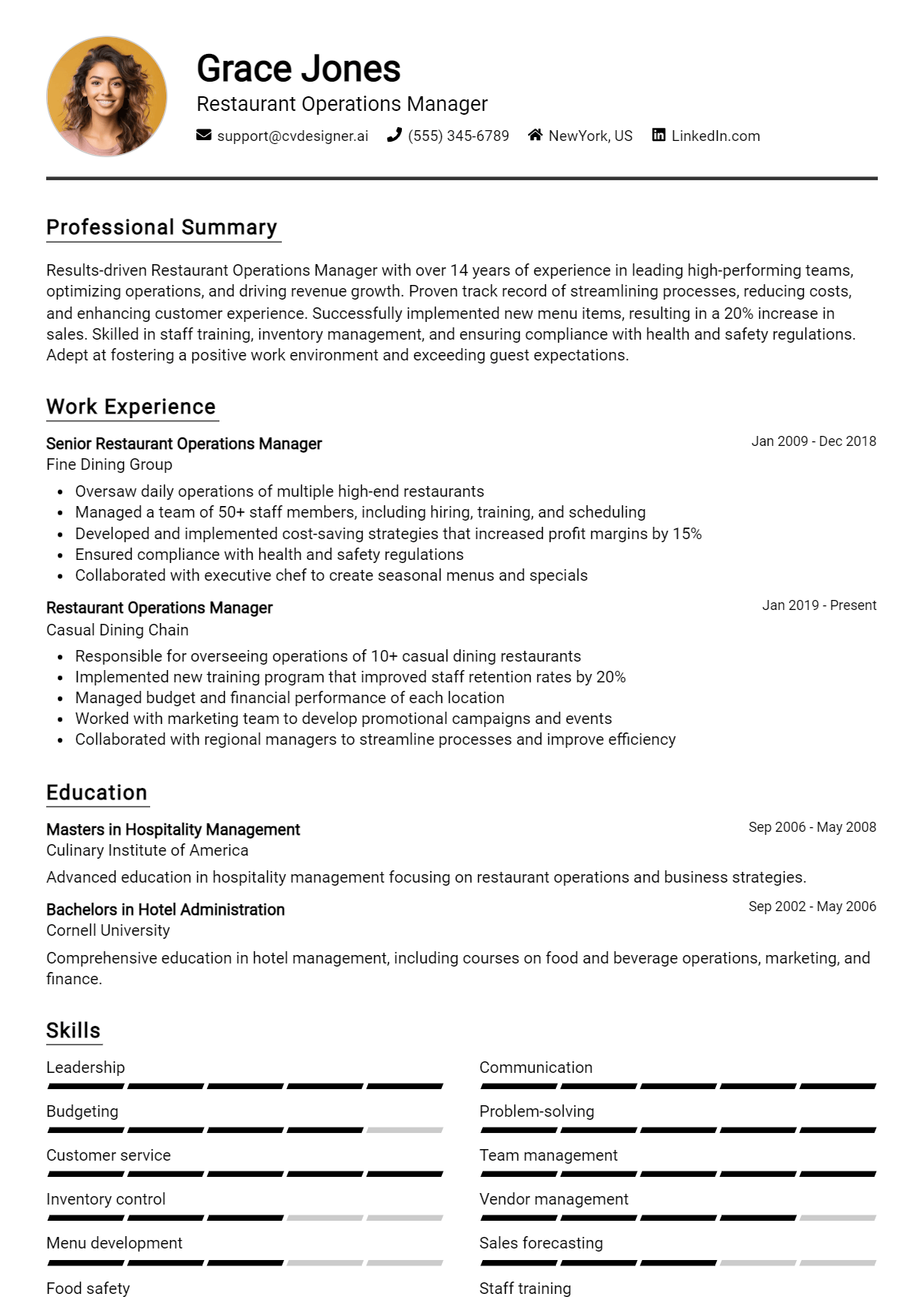 Restaurant Operations Manager Resume Example