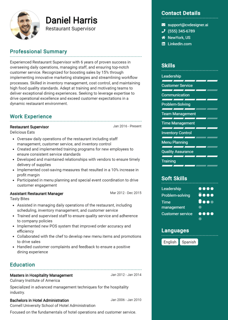 Restaurant Supervisor Resume Example for 2025: Best Writing Guide
