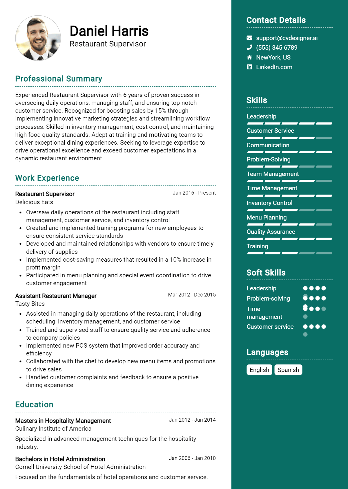 Restaurant Supervisor Resume Example