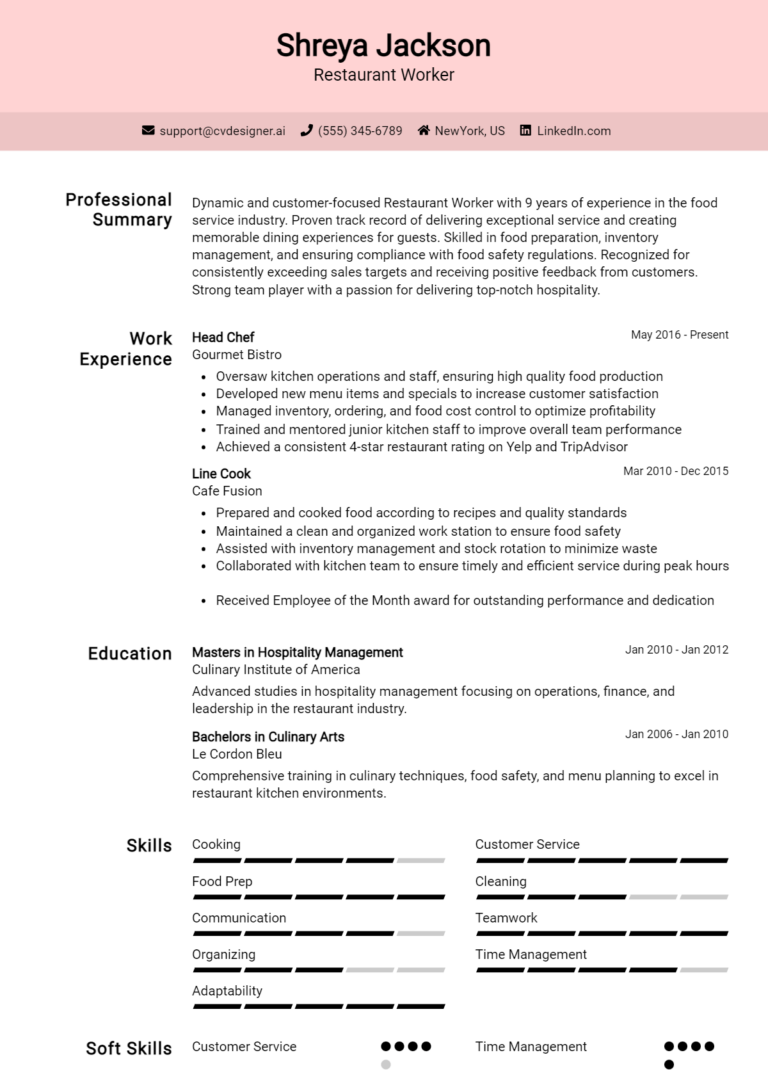 Restaurant Worker Resume Example for 2025: Proven Tips & Templates