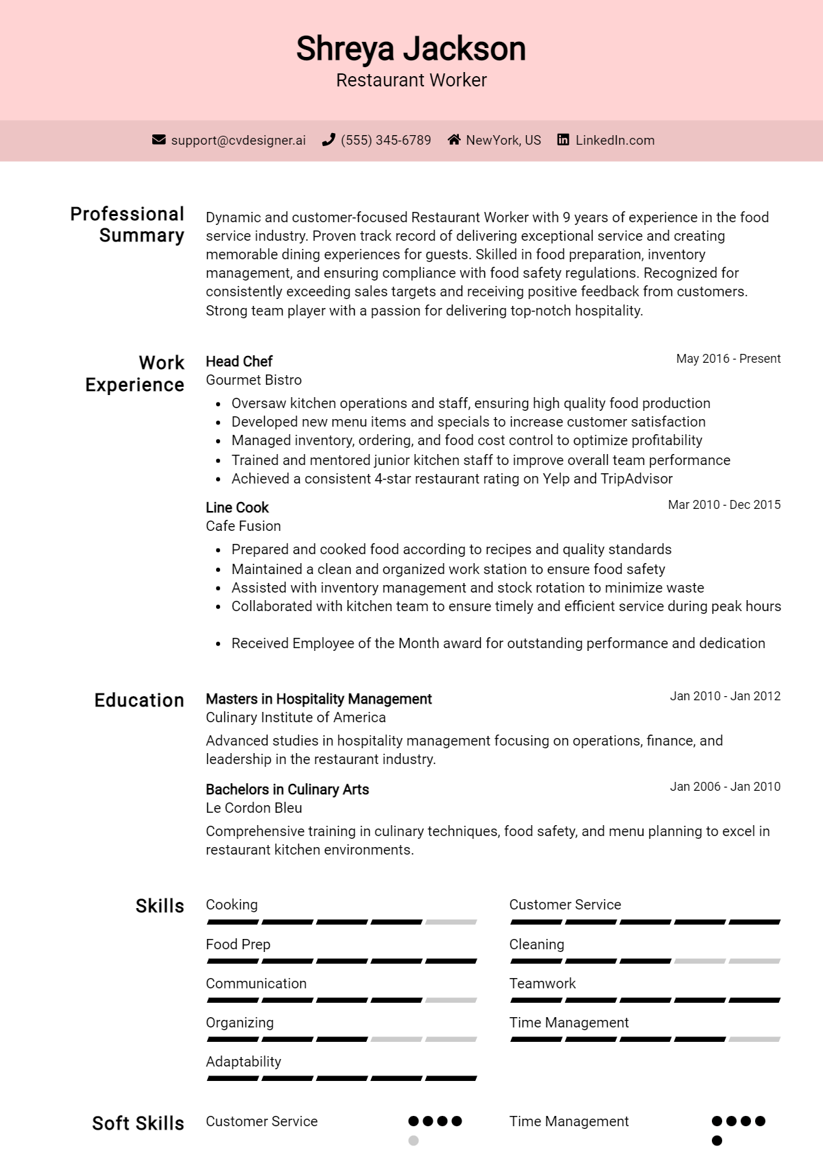 Restaurant Worker Resume Example