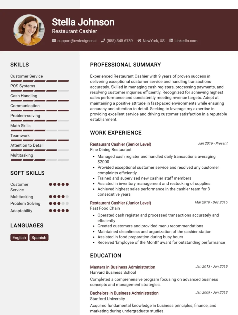 Restaurant Cashier CV Example For 2025: How to Craft a Winning CV