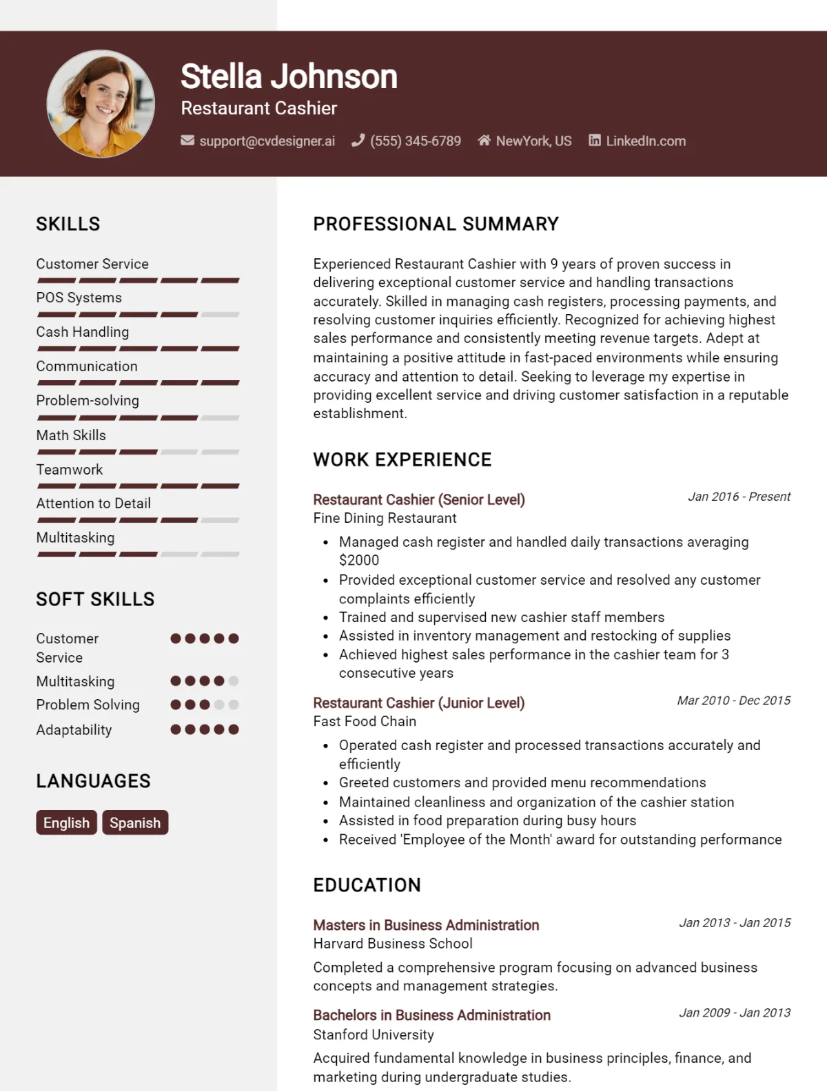 Restaurant Cashier CV Example