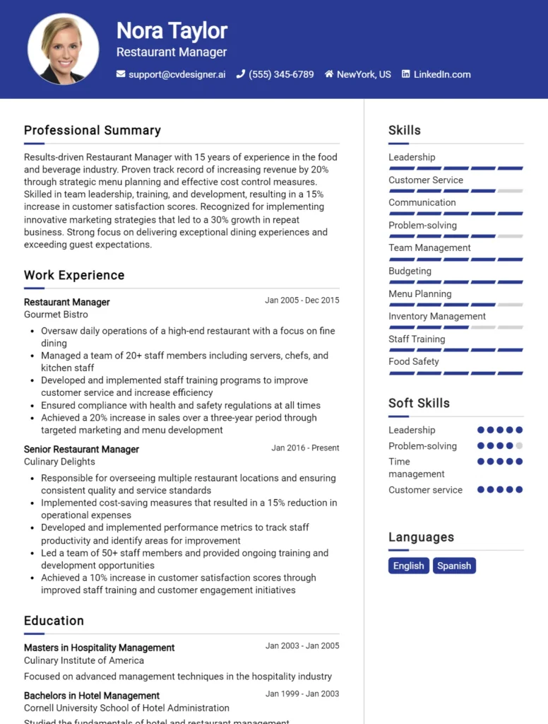 Restaurant Manager CV Example