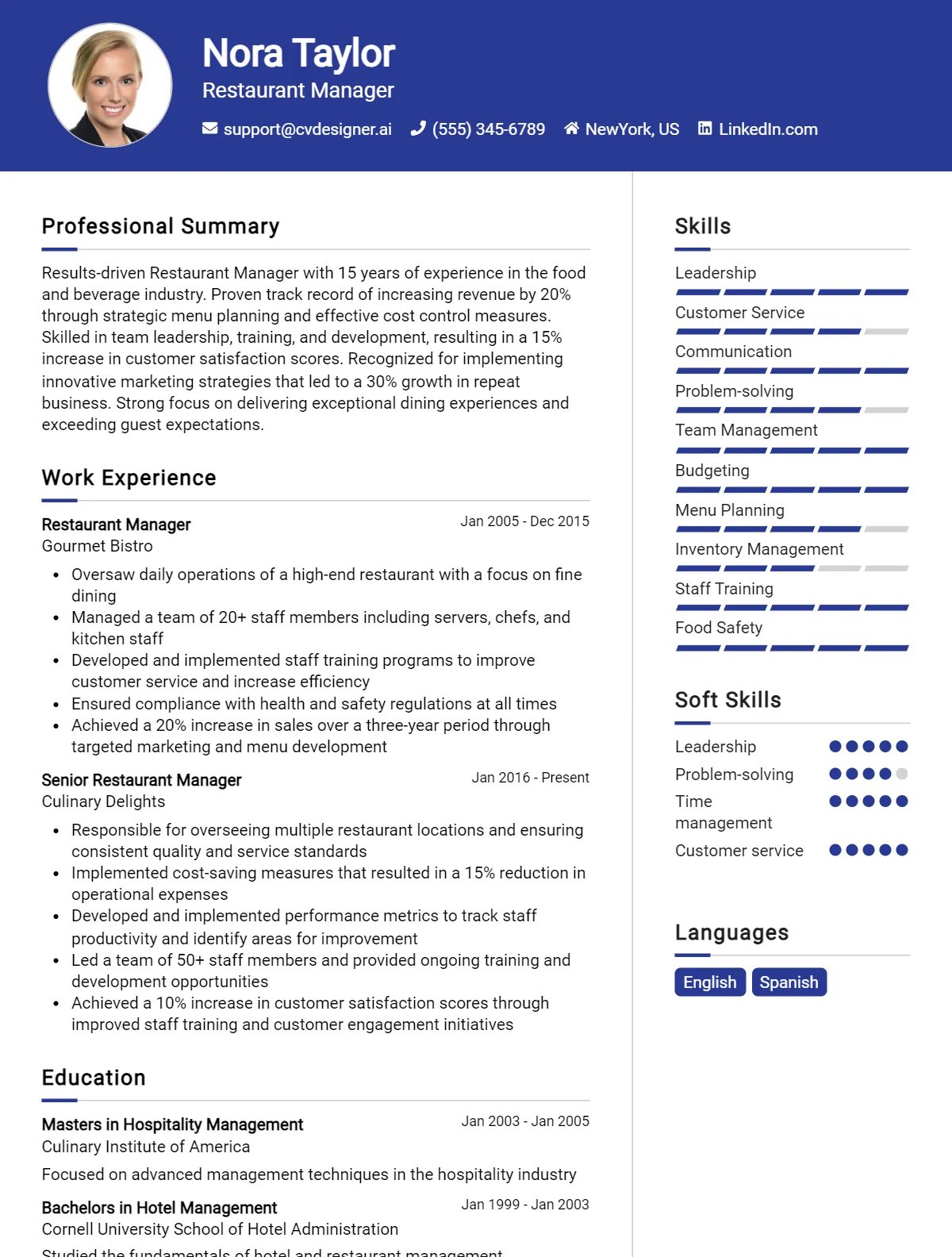12 Restaurant Manager CV Examples And Templates For 2024 CVDesigner ai restaurant-manager-cv-example-in-2025-resumekraft