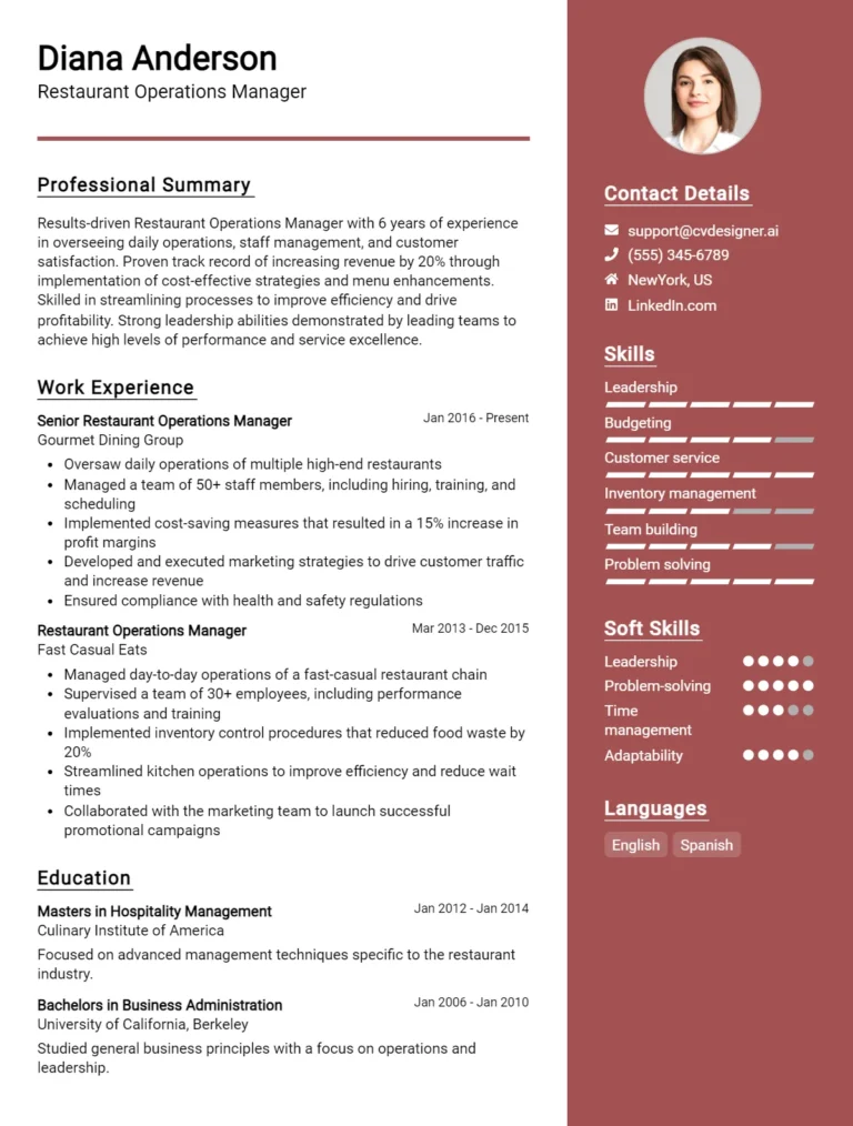 Restaurant Operations Manager CV Example For 2025: Top Tips & Samples