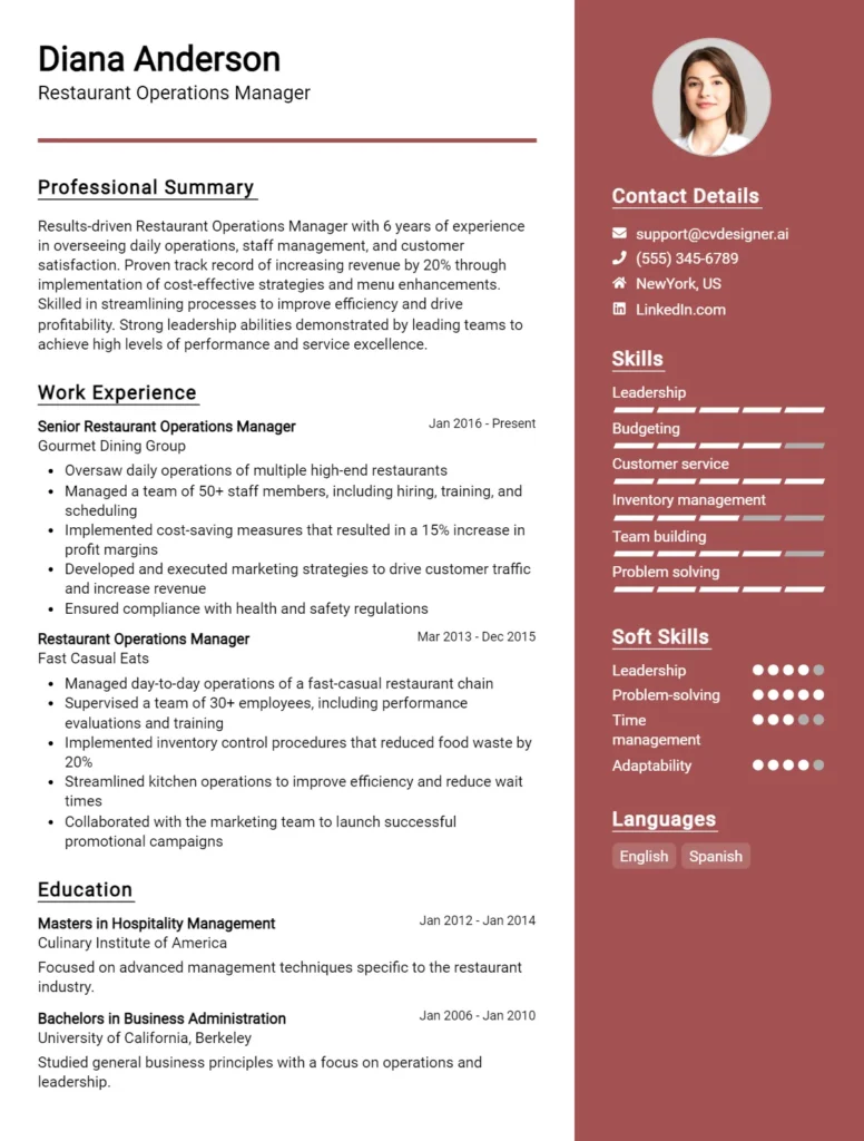 Restaurant Operations Manager CV Example