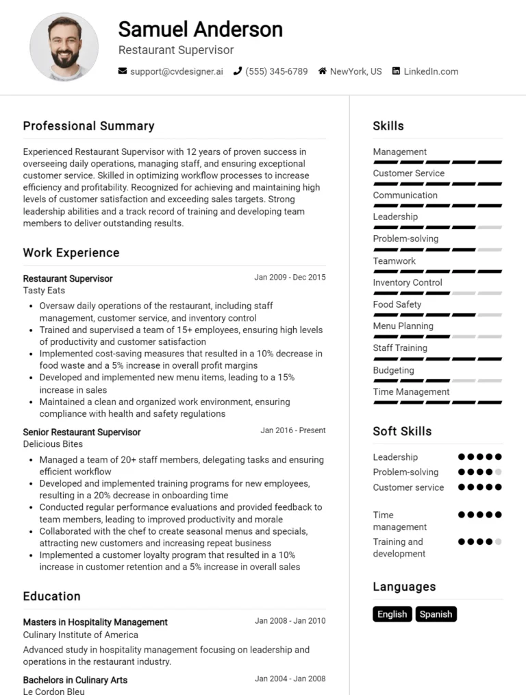 Restaurant Supervisor CV Example For 2025: Effective CV Writing Tips