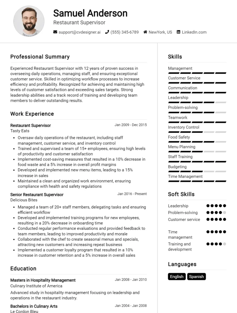 Restaurant Supervisor CV Example