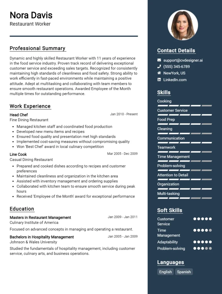 Restaurant Worker CV Example For 2025: Professional CV Templates