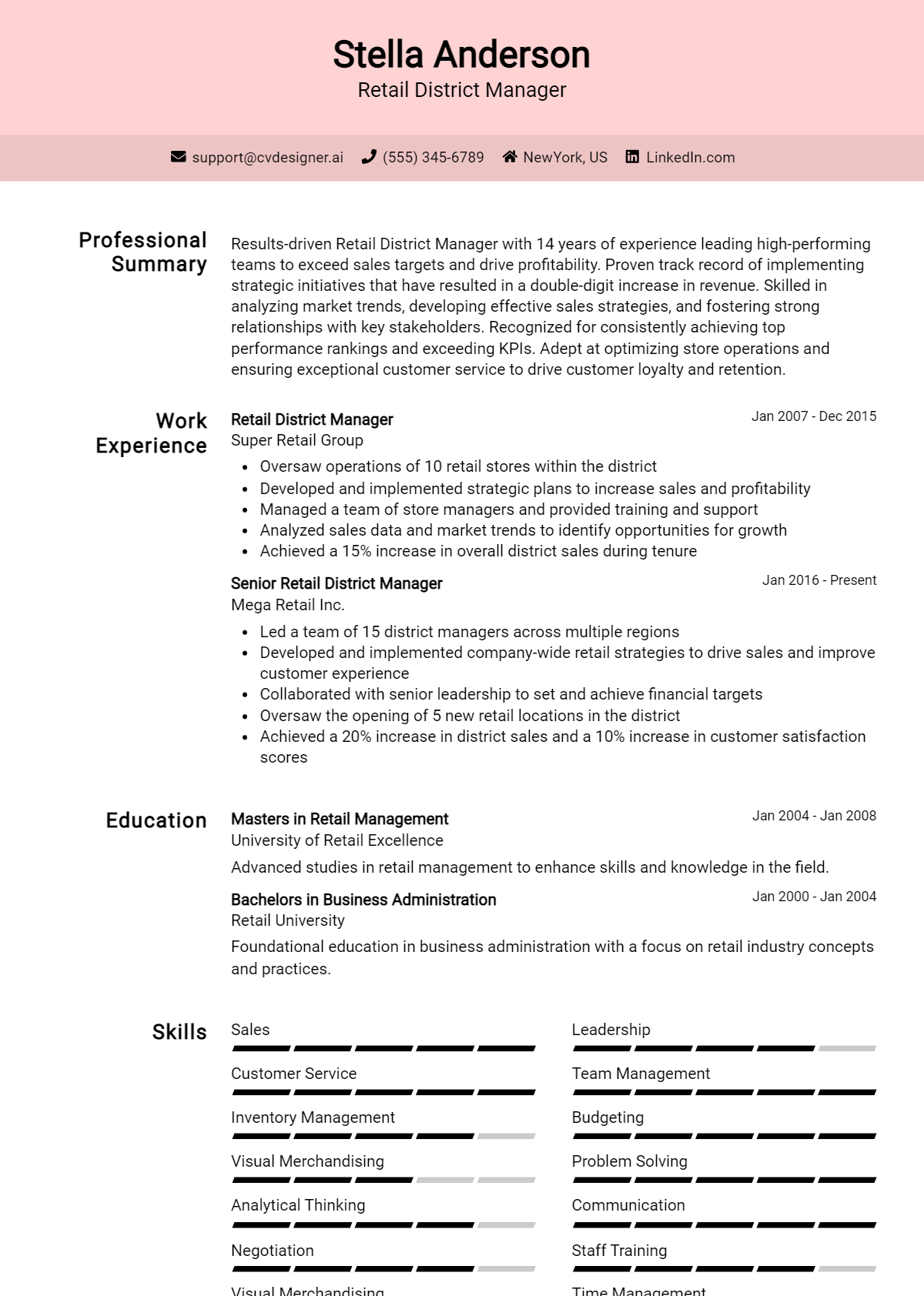 Retail District Manager Resume Example