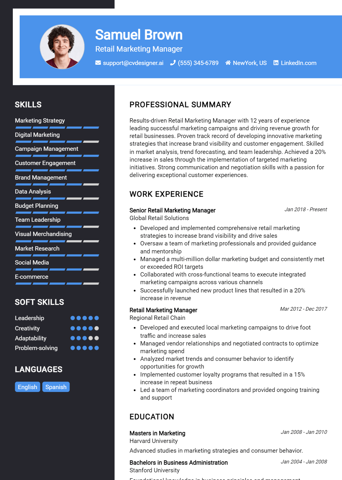 Retail Marketing Manager Resume Example