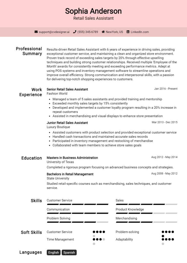 18 Retail Sales Resume Examples And Templates for 2024 - CVDesigner.ai