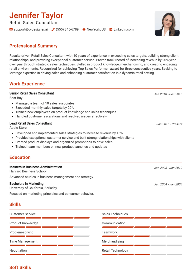 Retail Sales Consultant Resume Example for 2025: Free Downloadable Templates