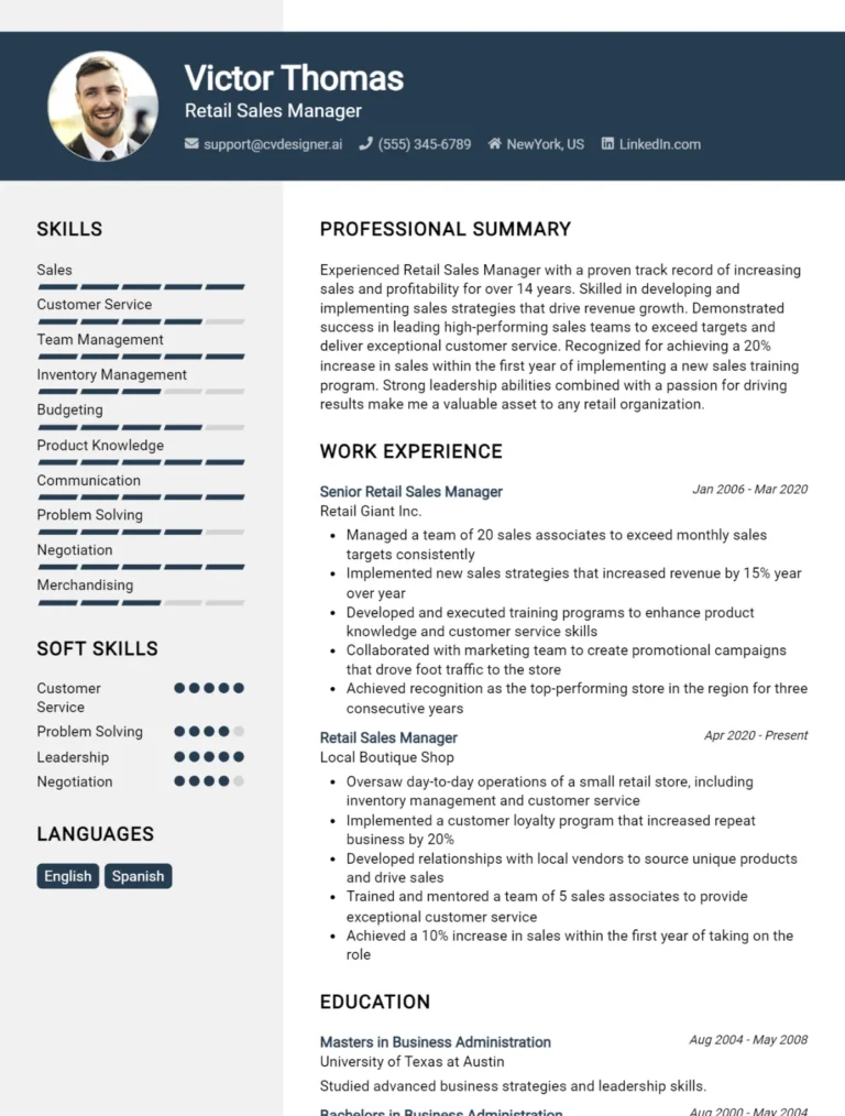 18 Retail Sales Manager CV Examples And Templates For 2025