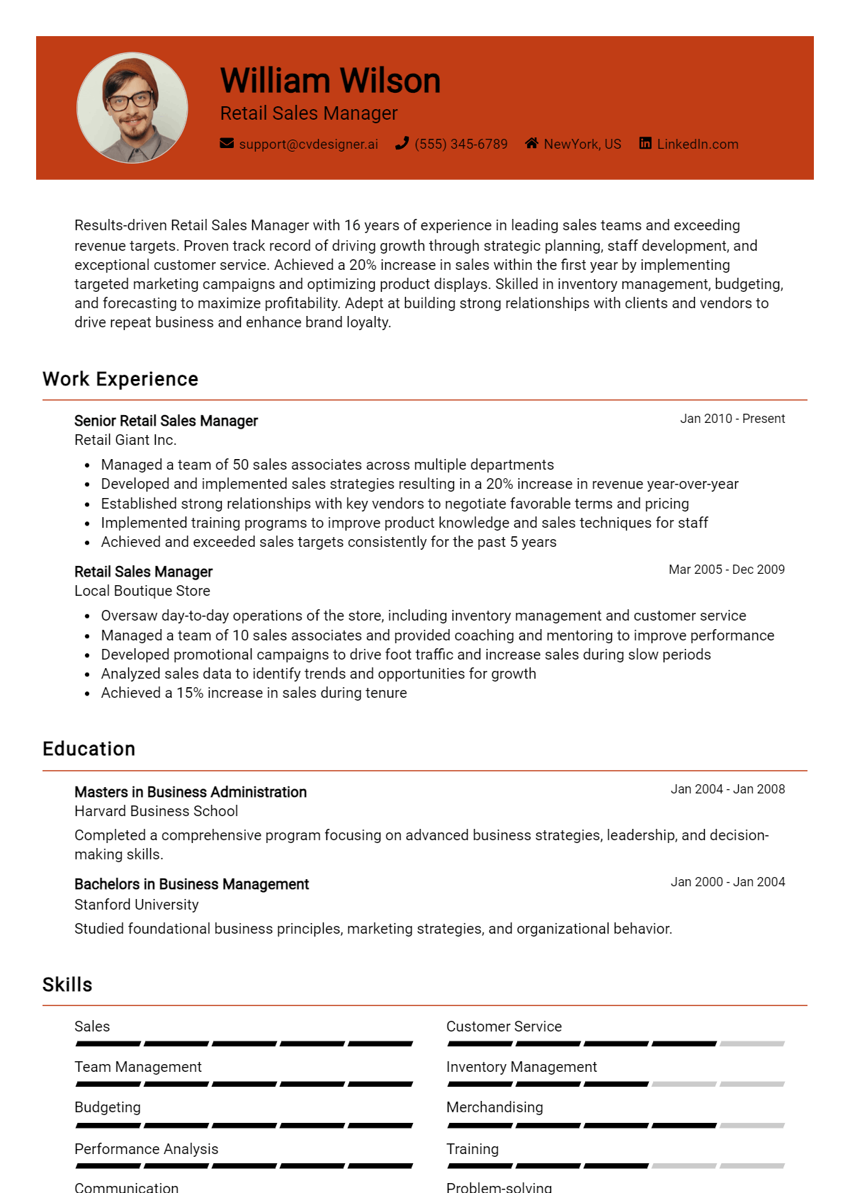 Retail Sales Manager Resume Example