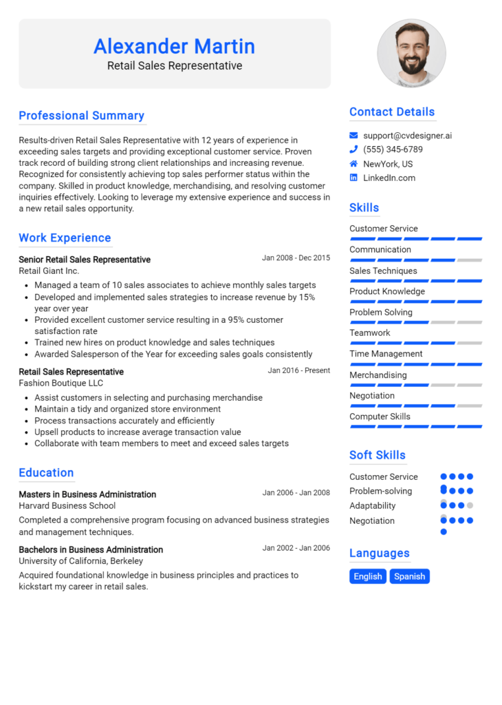 18 Retail Sales Resume Examples And Templates for 2024 - CVDesigner.ai