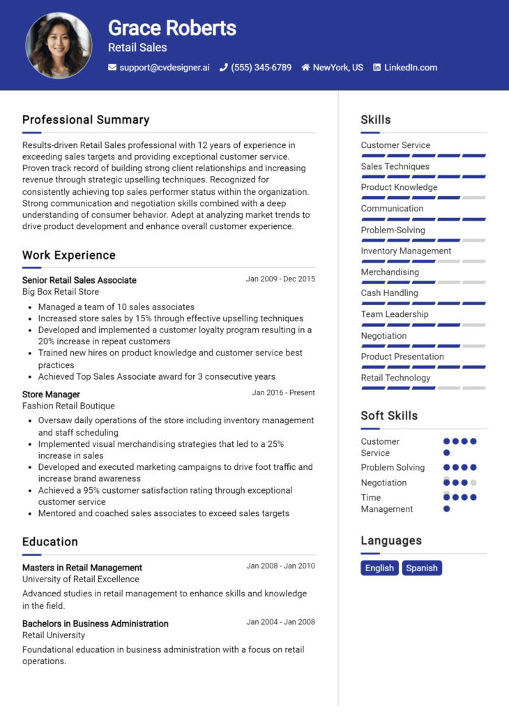 18 Retail Manager Resume Examples And Templates for 2024 - CVDesigner.ai