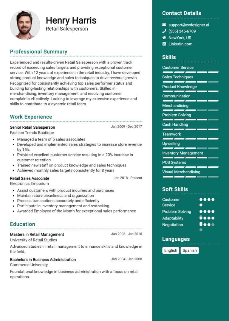 Retail Salesperson Resume Example for 2025: Proven Tips & Templates 1 Retail Salesperson Resume Example for 2025: Proven Tips & Templates
