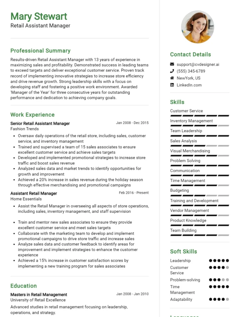 Retail Assistant Manager CV Example