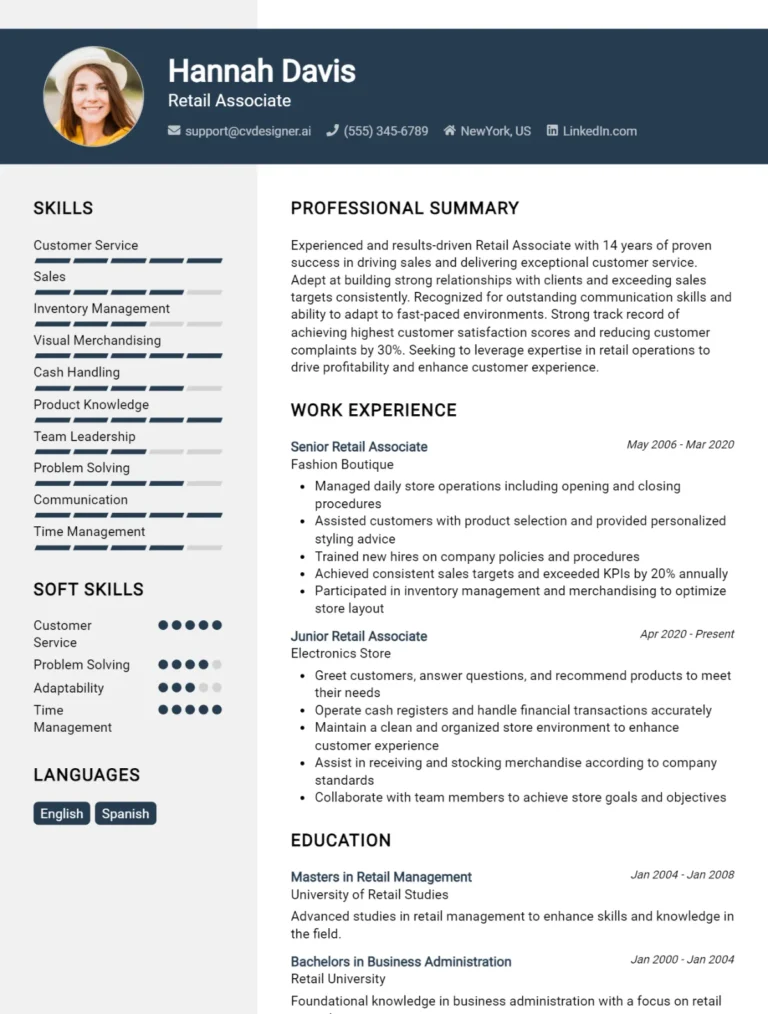 Retail Associate CV Example For 2025: Top CV Skills