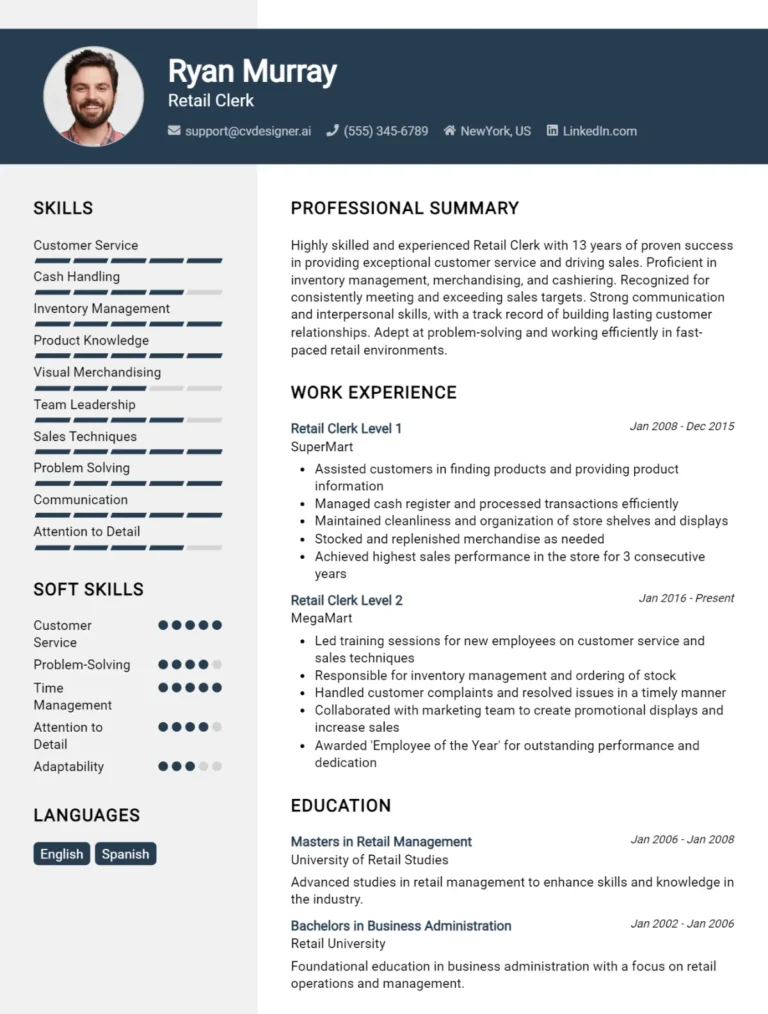 16 Retail Clerk CV Examples And Templates For 2025