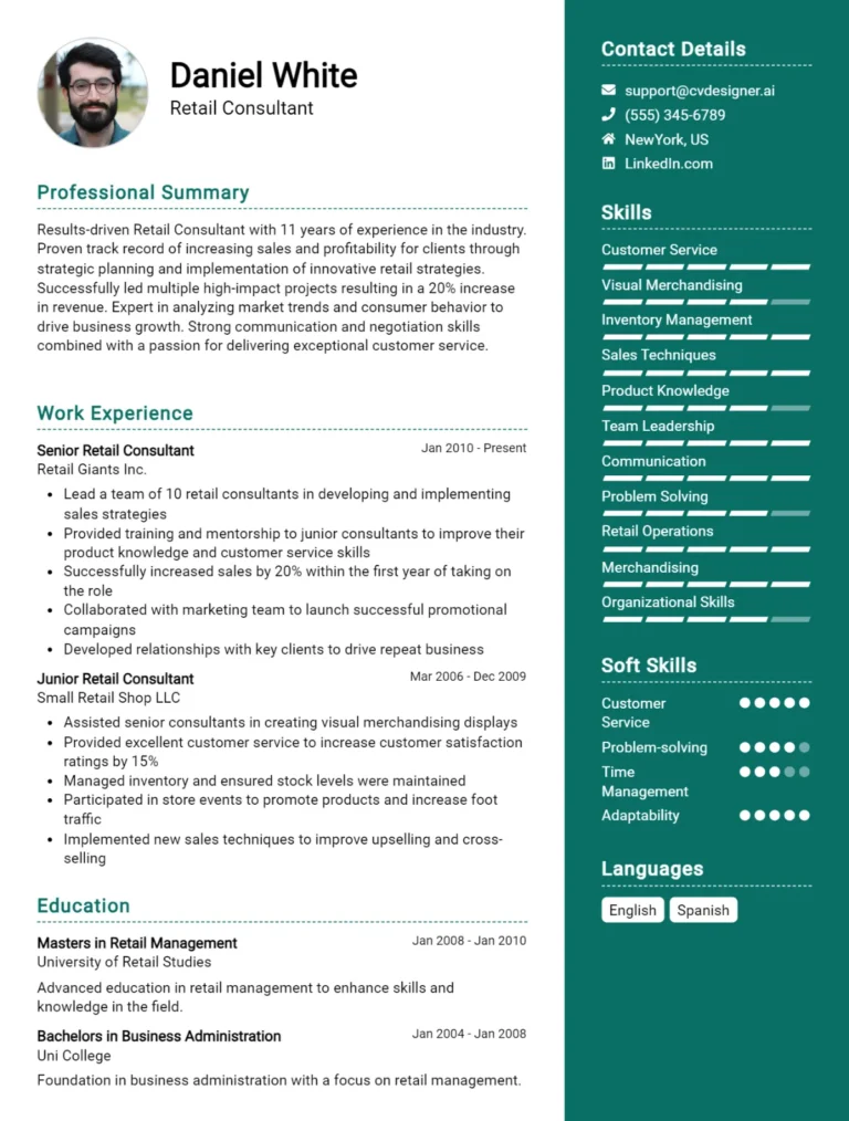 Retail Consultant CV Example For 2025: Examples & Free Templates