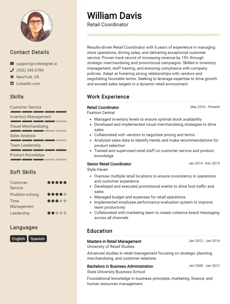 Retail Coordinator CV Example For 2025: How to Create a Professional CV