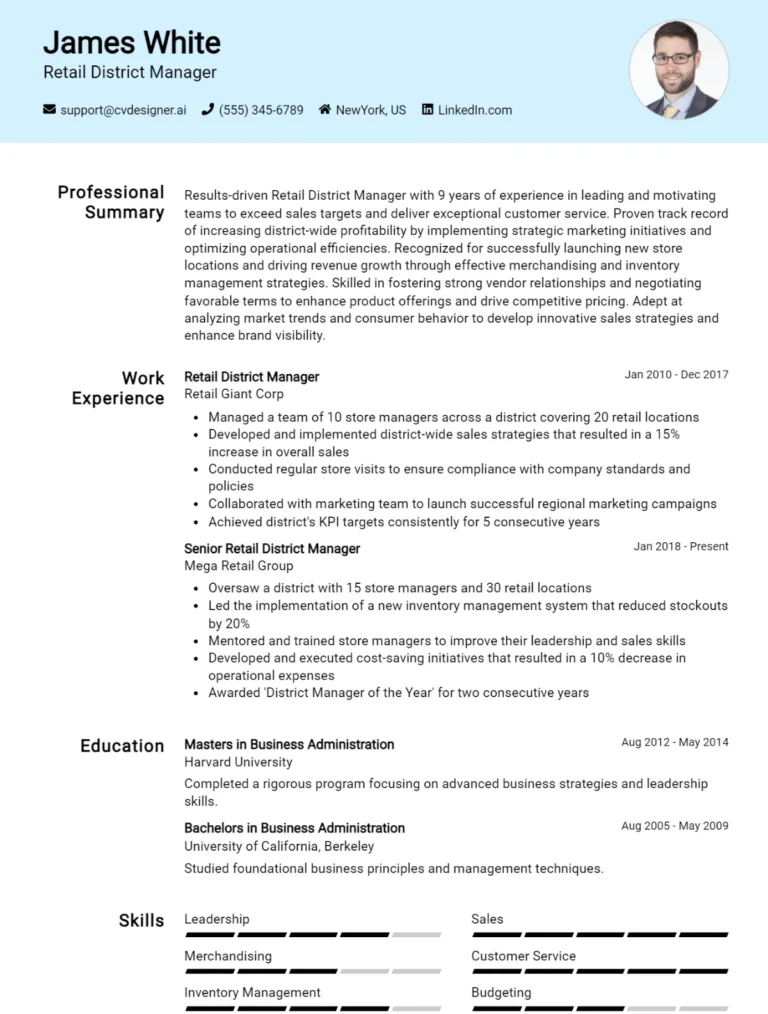 Retail District Manager CV Example For 2025: Samples & Best Practices