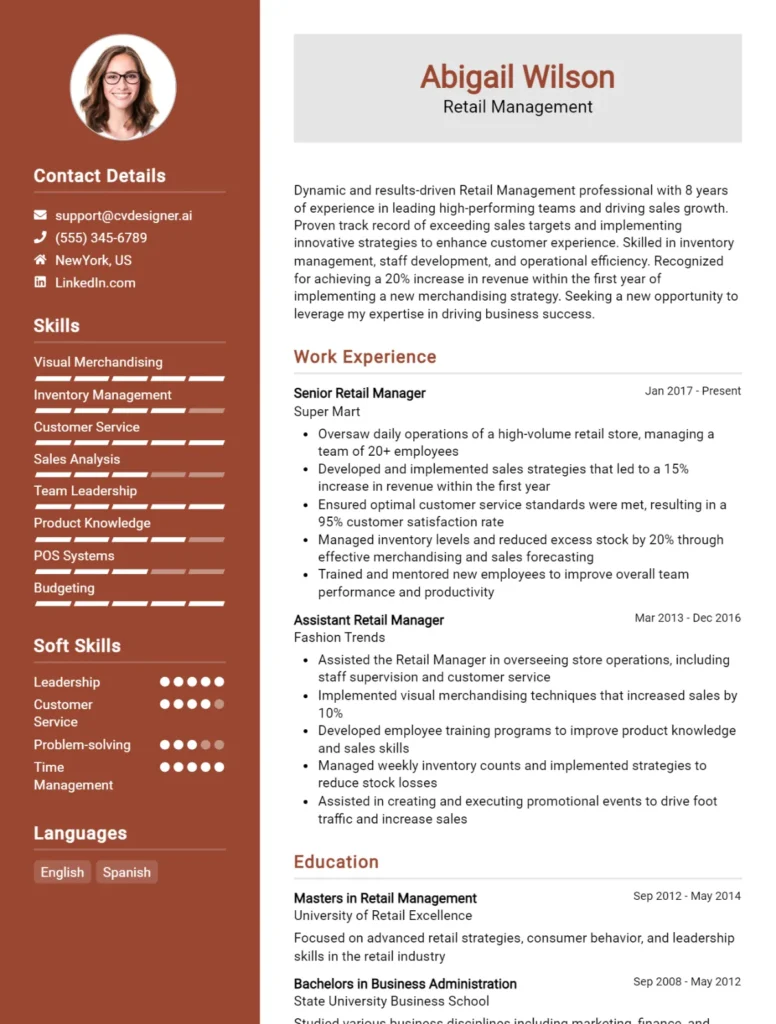 22 Retail Manager CV Examples And Templates For 2024 - CVDesigner.ai