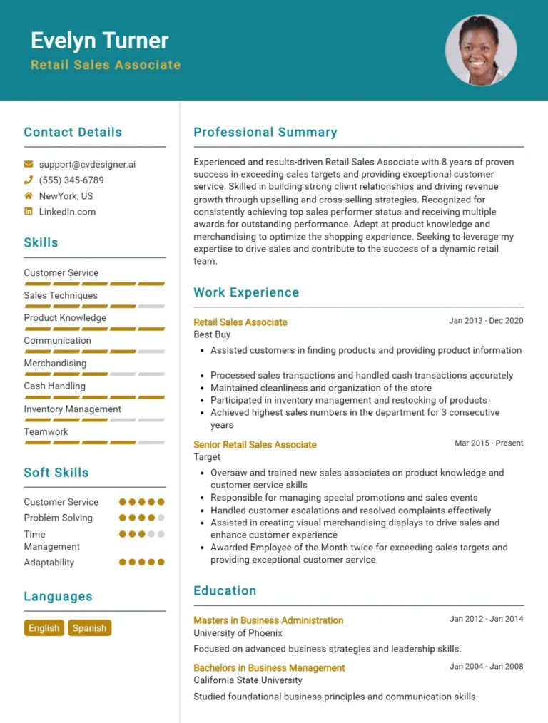 Retail Sales Associate CV Example For 2025: Top Tips & Samples