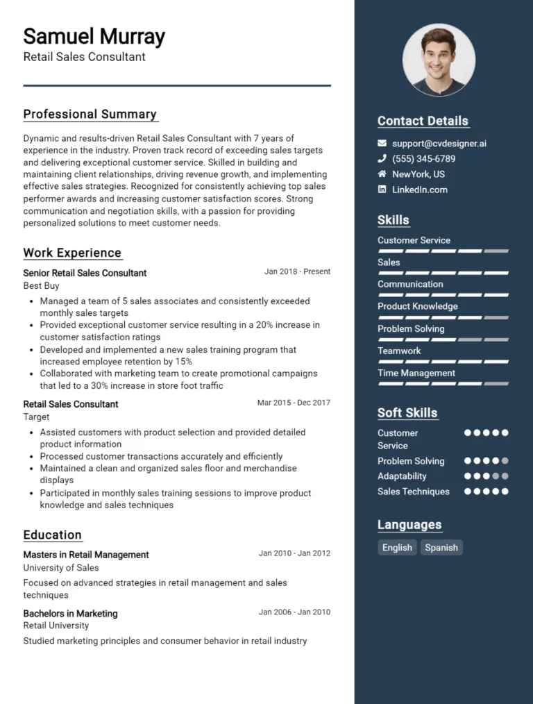 Retail Sales Consultant CV Example For 2025: Best Tips & Templates