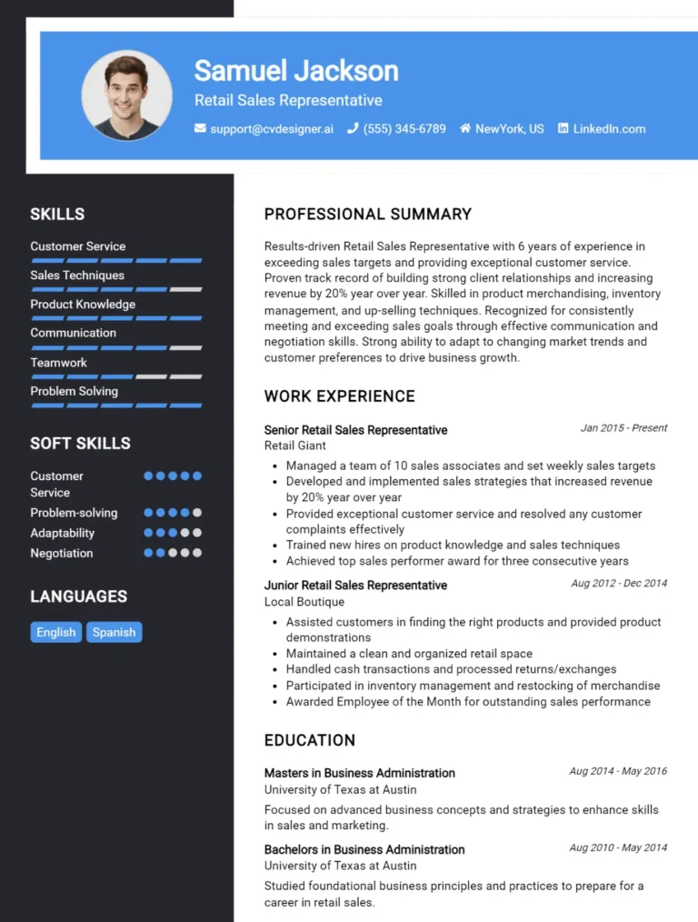 Retail Sales Representative CV Example For 2025: Top Tips & Samples