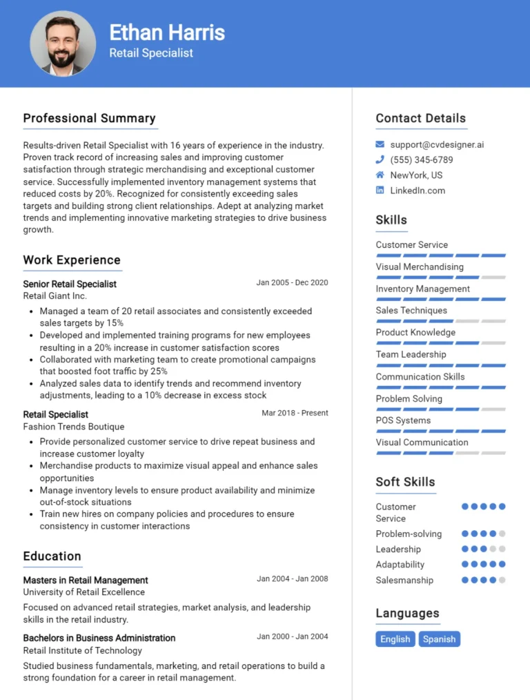 16 Retail Specialist CV Examples And Templates For 2025