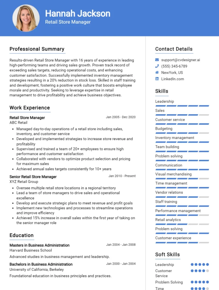 Retail Store Manager CV Example For 2025: Professional CV Templates