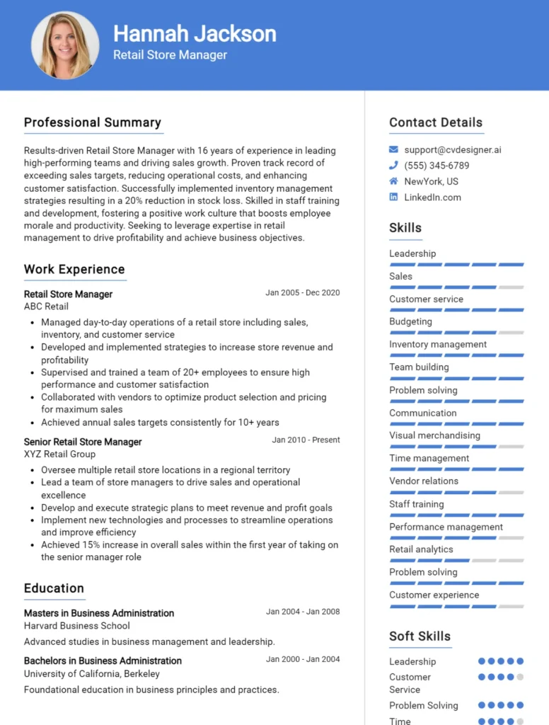 22 Retail Manager CV Examples And Templates For 2024 - CVDesigner.ai