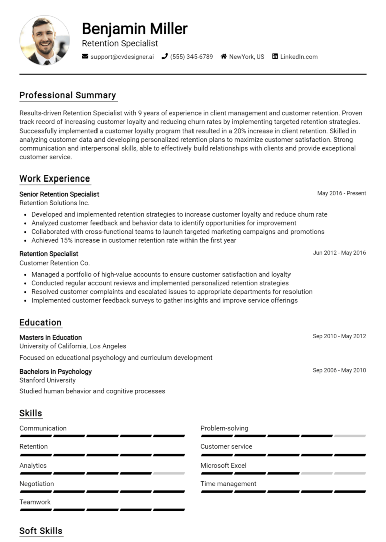 Retention Specialist Resume Example for 2025: Strategies & Templates