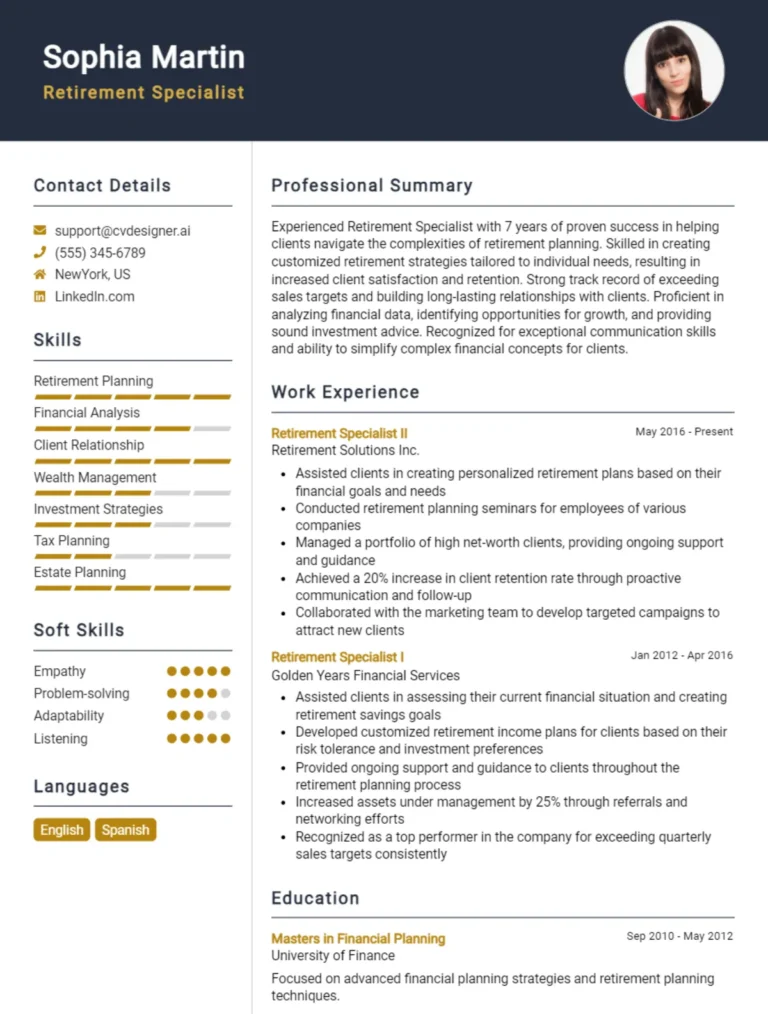 Retirement Specialist CV Example For 2025: Examples & Free Templates