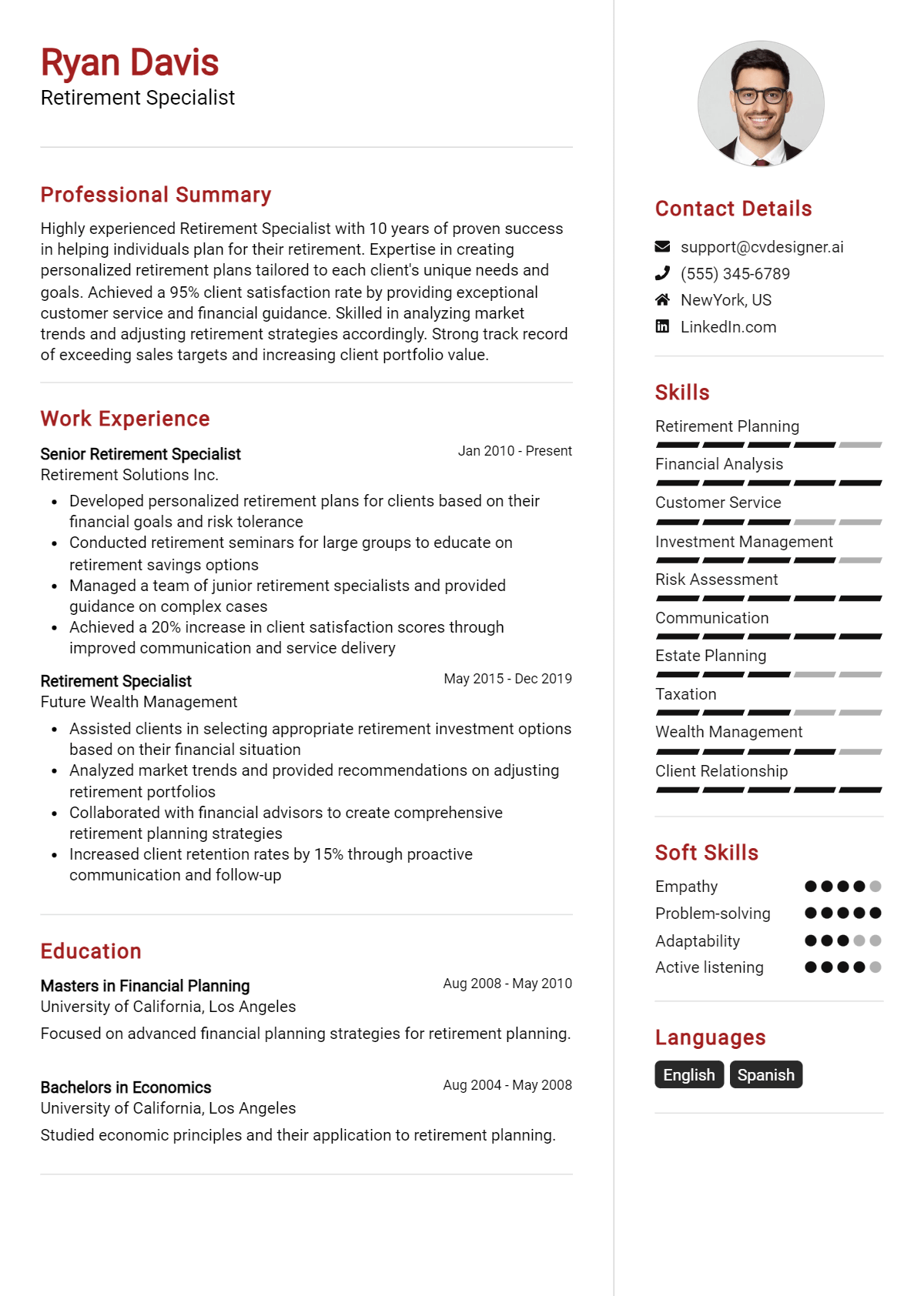 Retirement Specialist Resume Example for 2024: Resume Guide - CVDesigner.ai