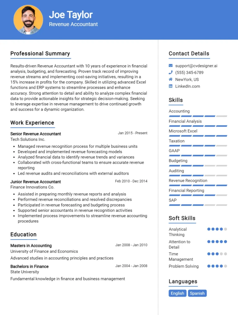 Revenue Accountant CV Example For 2025: Samples & Best Practices