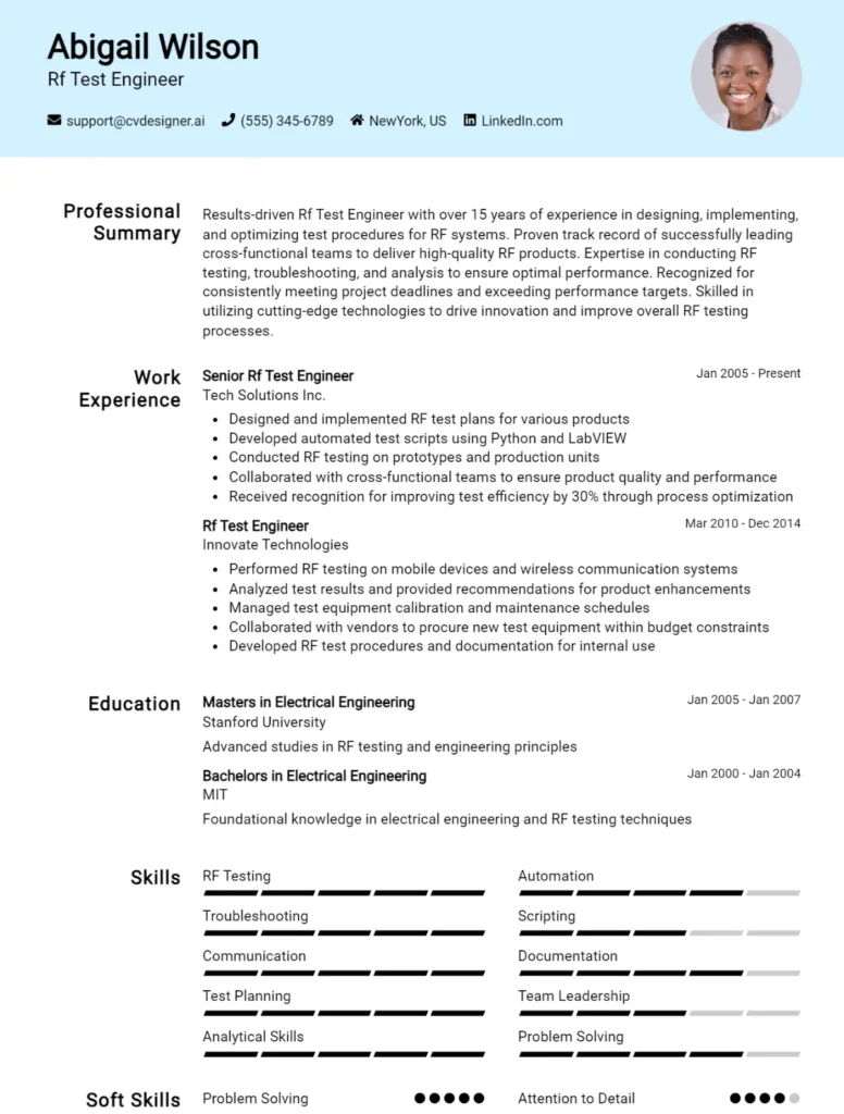 Rf Test Engineer CV Example