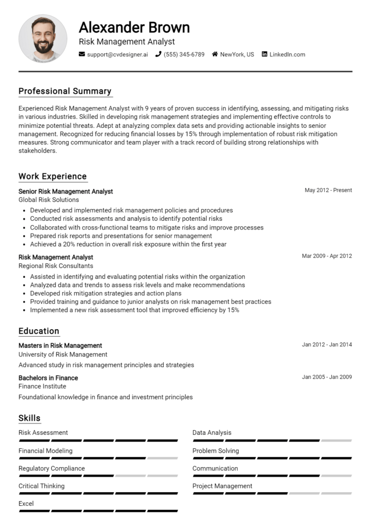 Risk Management Analyst Resume Example for 2024: Professional CV ...