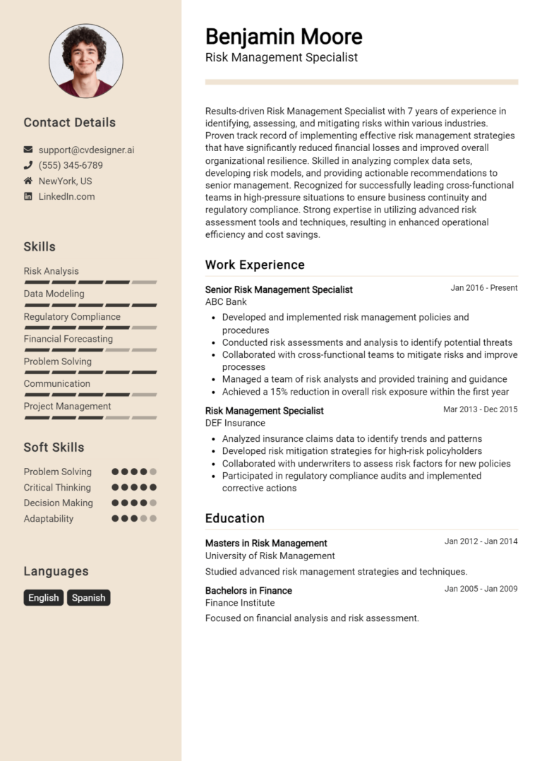 Risk Management Specialist Resume Example for 2025: How to Craft a Winning CV