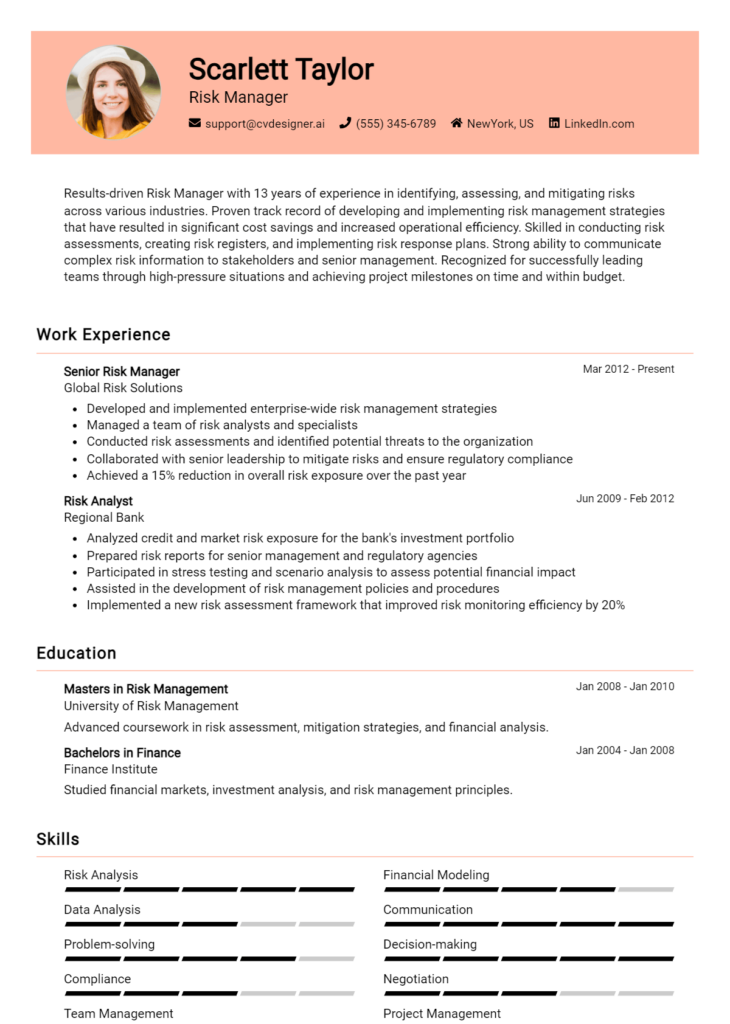 Risk Manager Resume Example for 2024: Examples & Free Templates ...