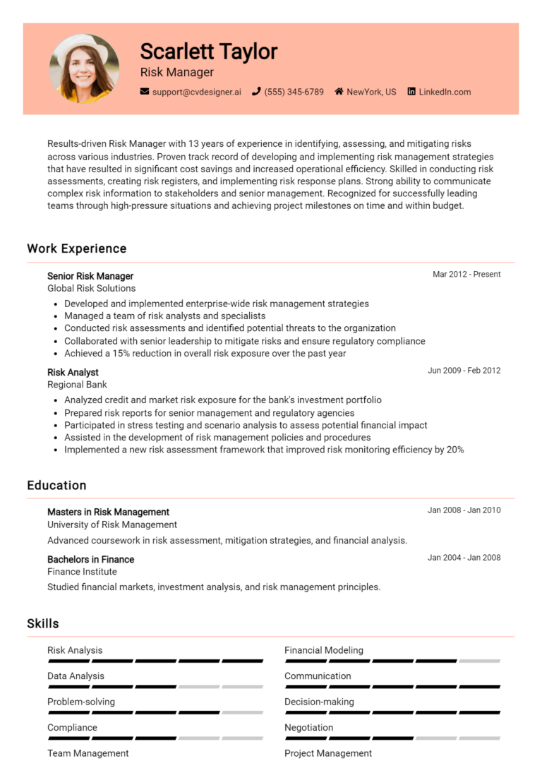 Risk Manager Resume Example for 2025: Examples & Free Templates
