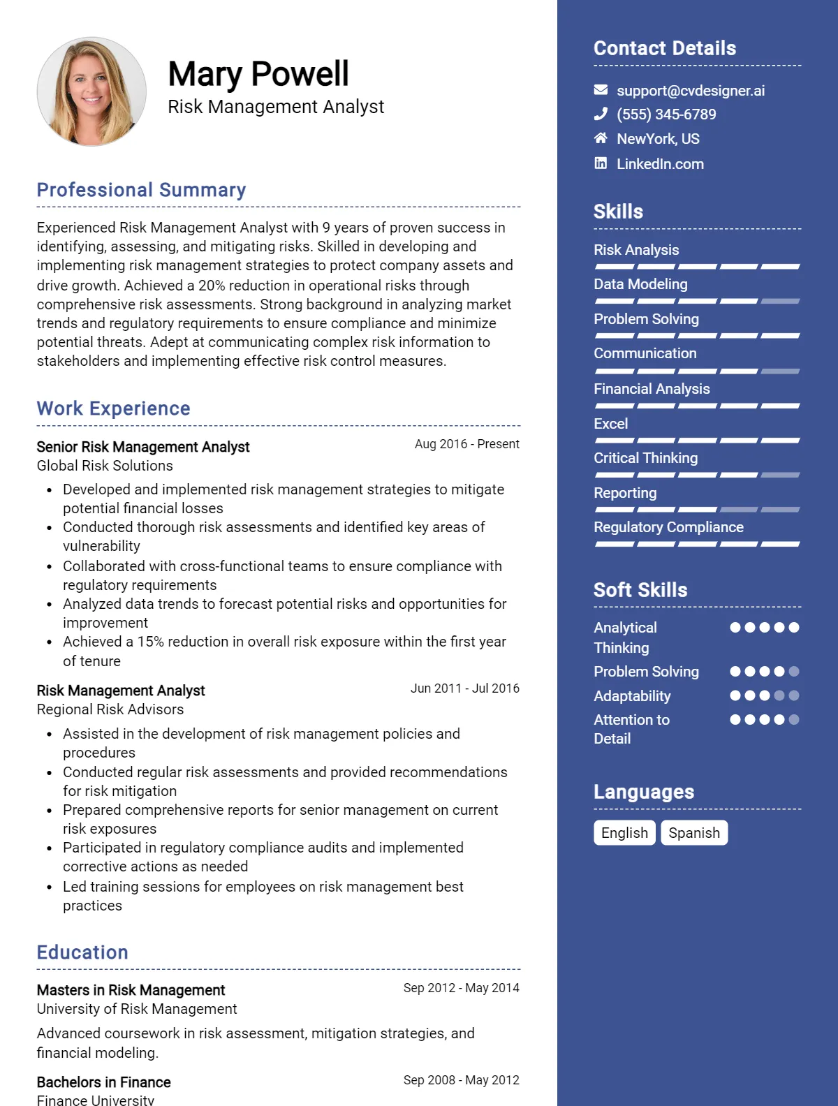 Risk Management Analyst CV Example